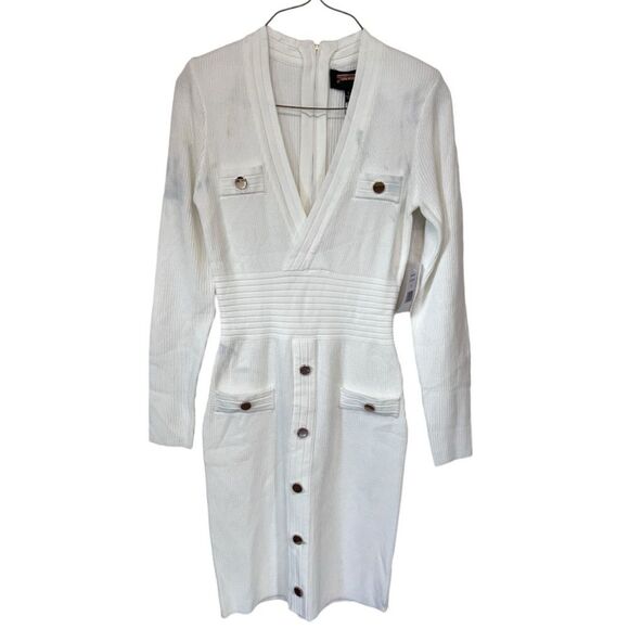 NWT Alexia Admor | Ivory Gemma Knit Long Sleeve Gold Button Stretch Mini Dress S - Picture 5 of 12